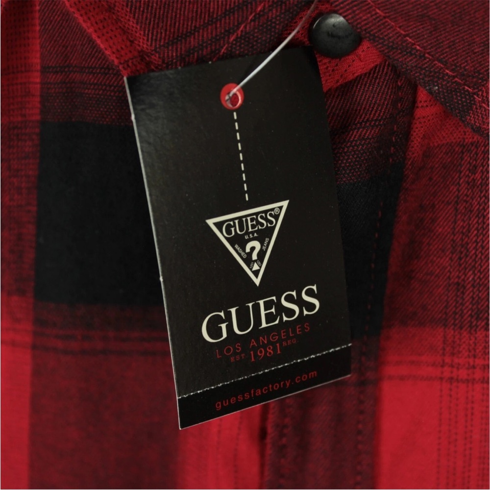 GUESS Snap On Flannel Button Down SLIM Fit Shirt Mens XL Red Black Plaid L/S NWT - Picture 2 of 11